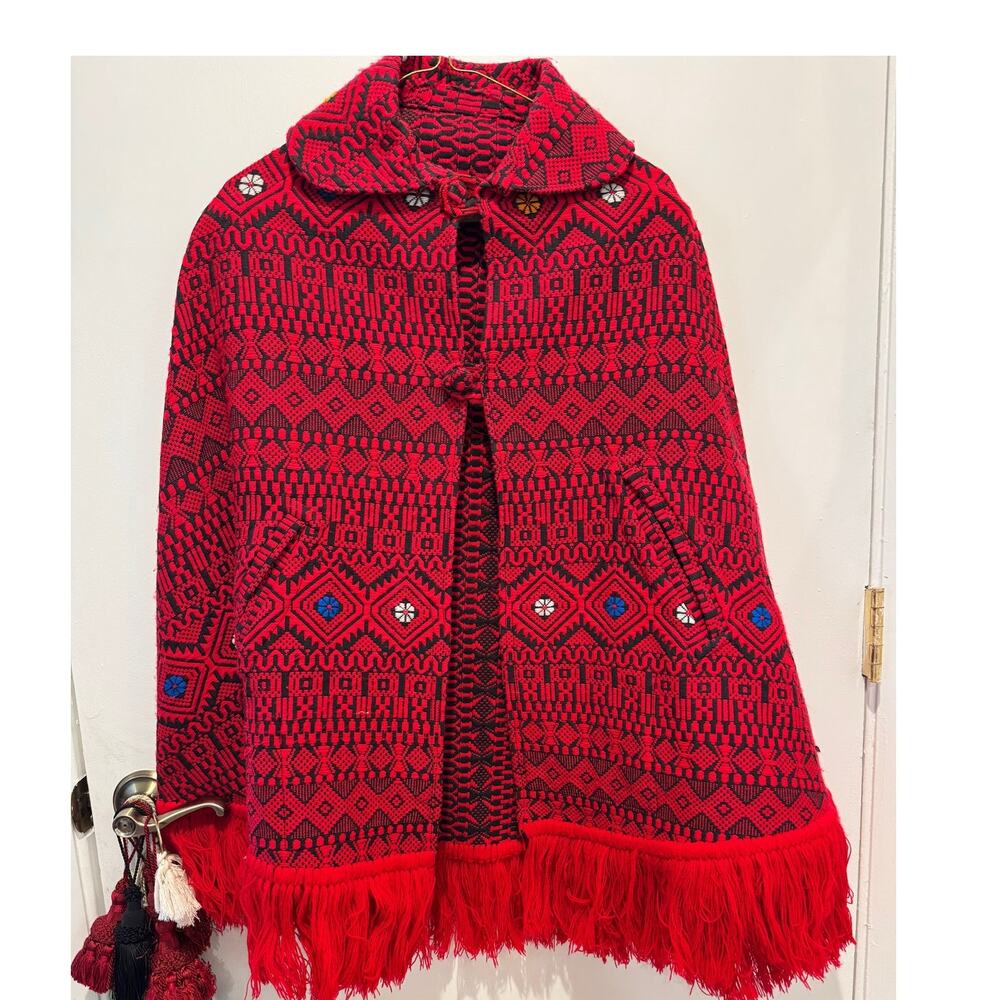 Vintage Red & Black Woven Hooded Poncho Cape with Fringe